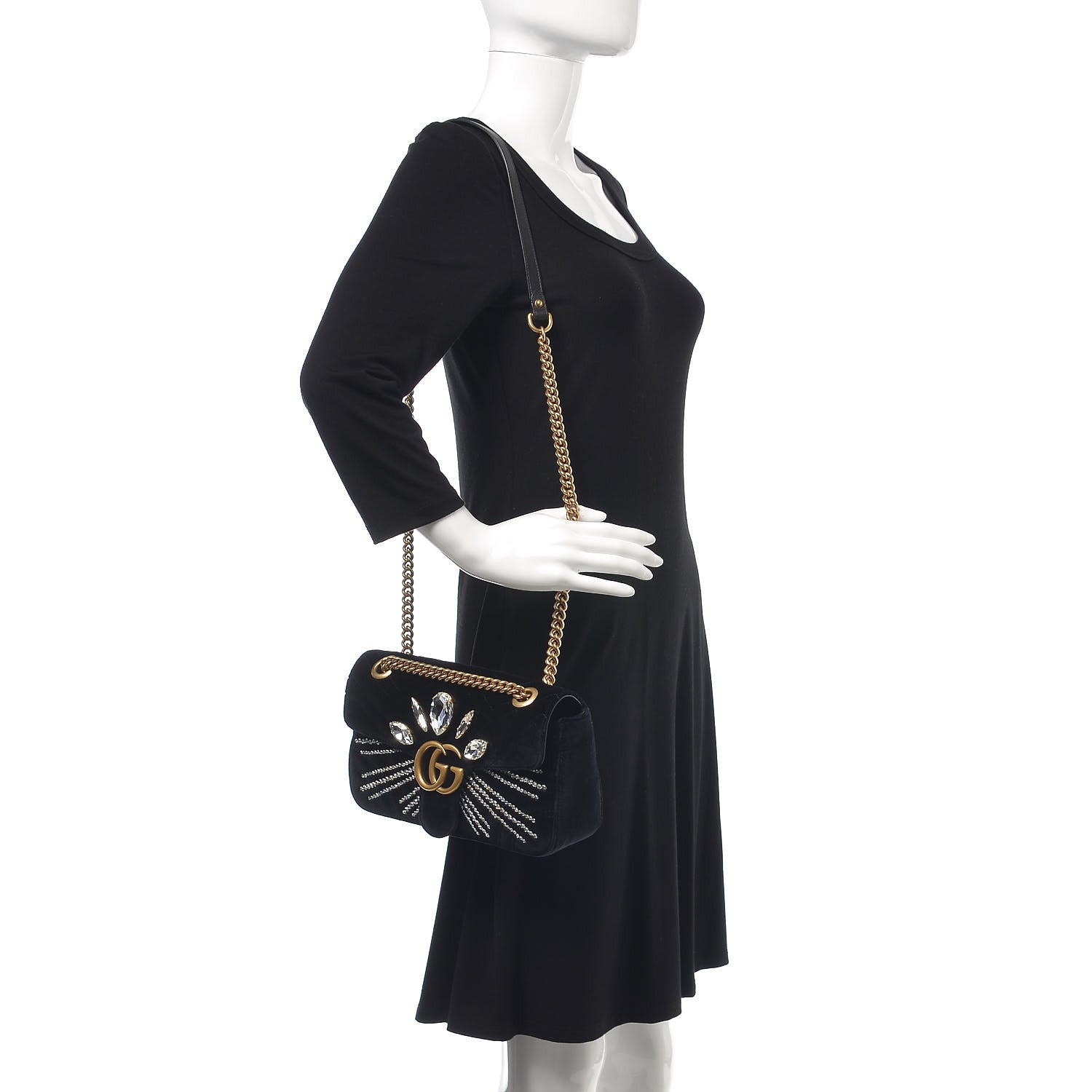 Gucci Velvet Matelasse Marquise Crystals Embroidered Small GG Marmont Shoulder Bag Black 2 of 7