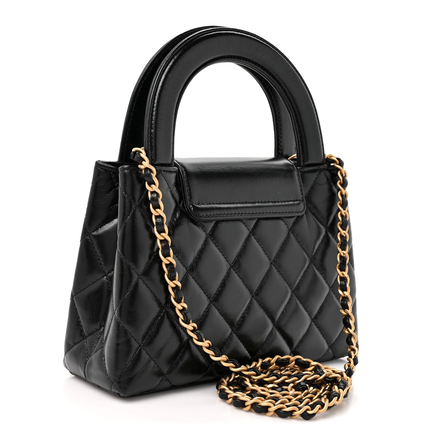 Shiny Aged Calfskin Quilted Nano Kelly Shopper Black