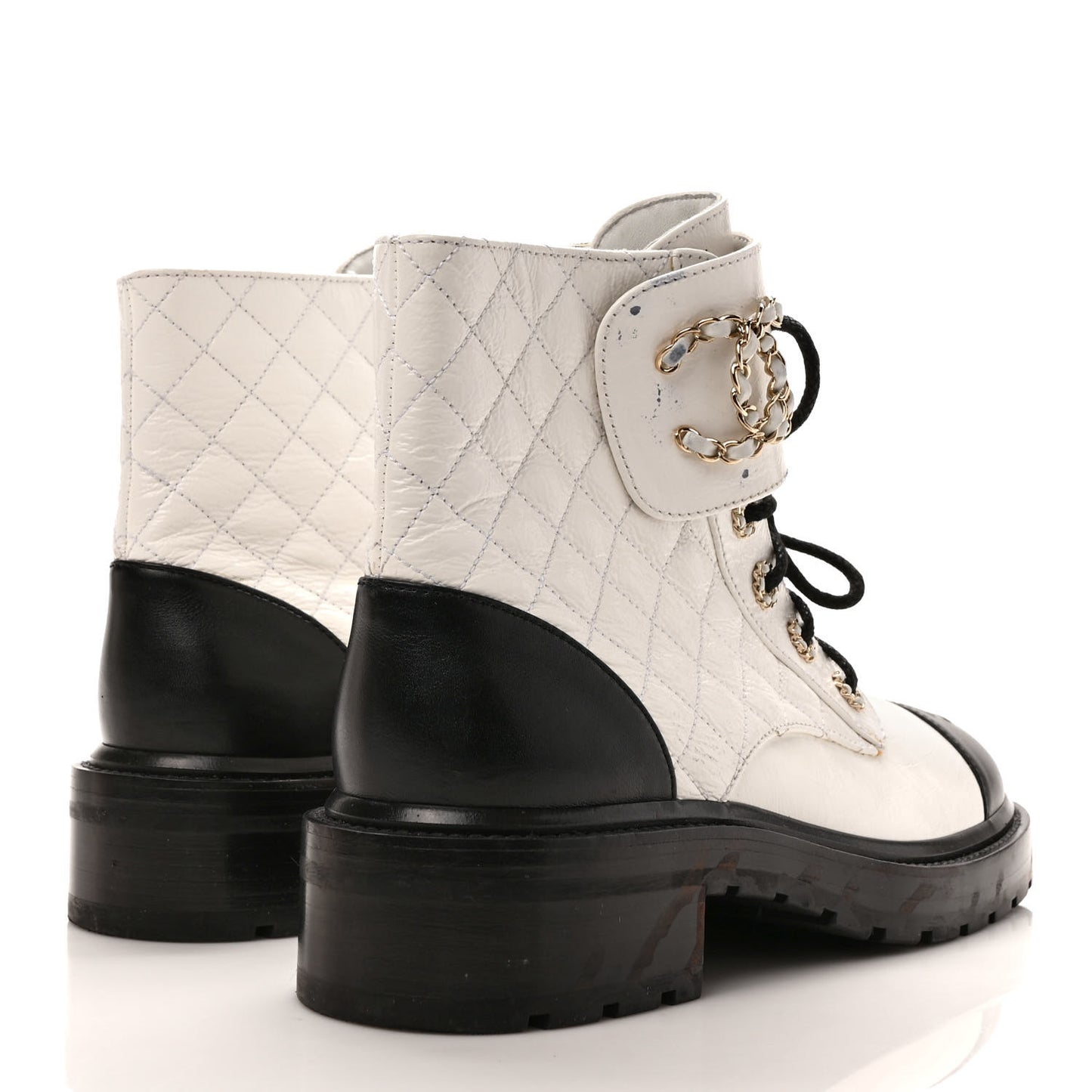Shiny Goatskin Calfskin Quilted Lace Up Combat Boots 40 Black White