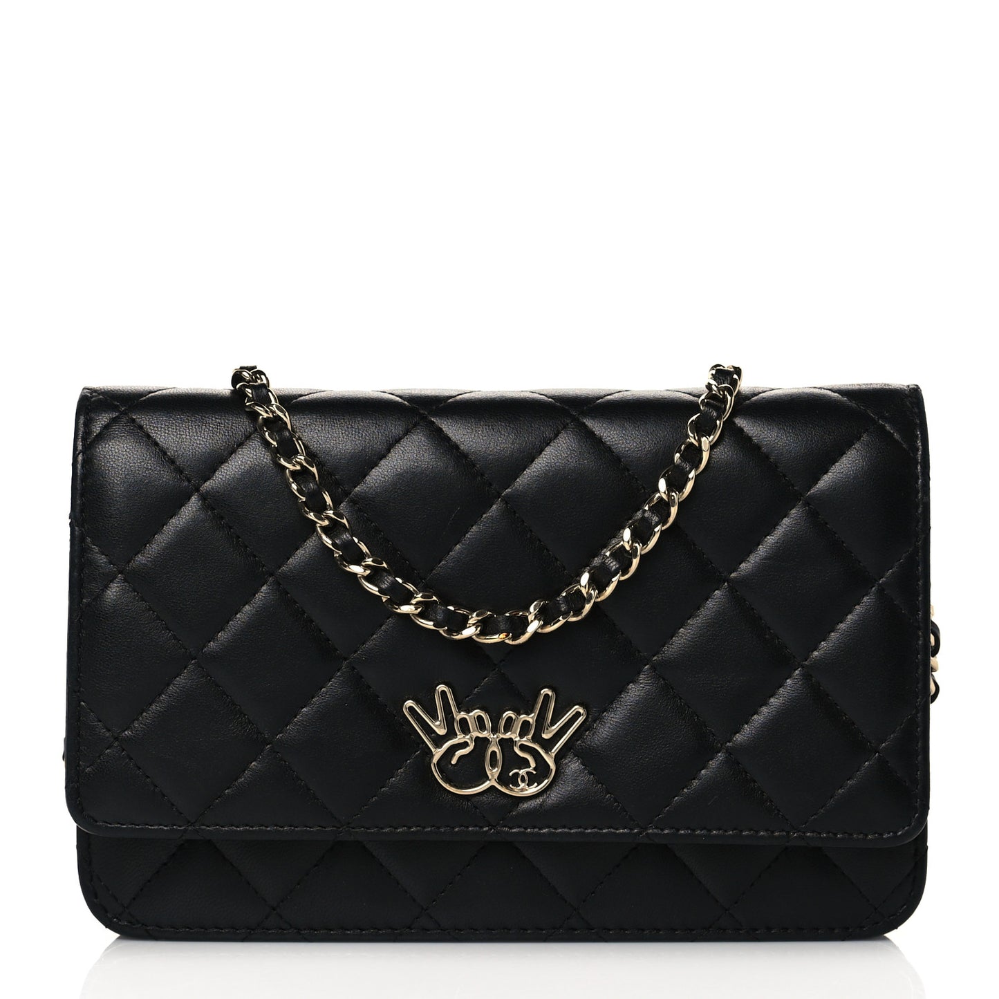 Lambskin Quilted Emoticon Wallet On Chain WOC Black