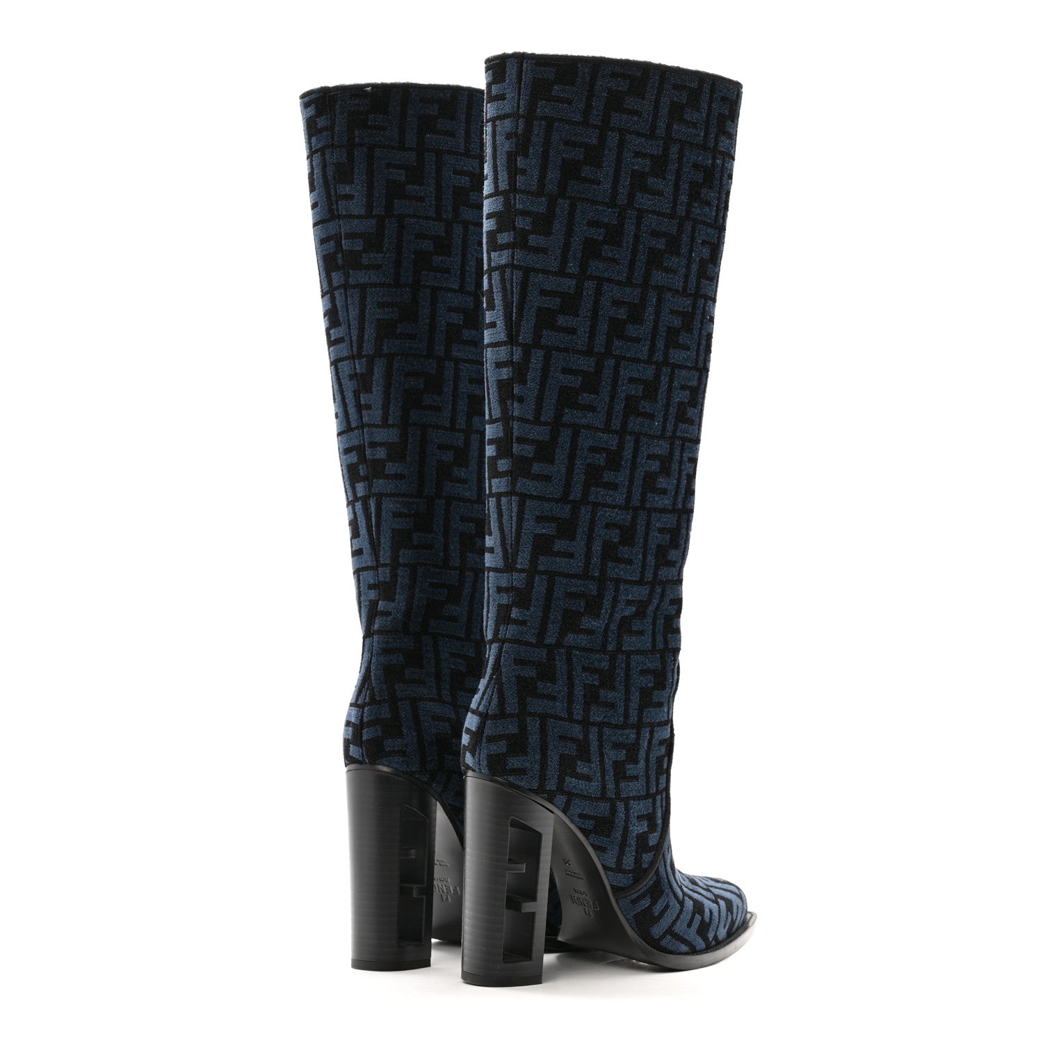 Fendi Chenille Jacquard FF 110mm Knee Boots 39 Black Blue 4 of 8