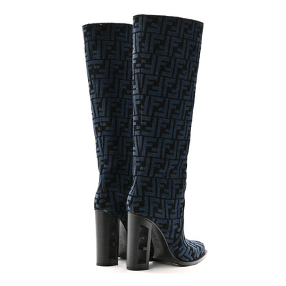 Fendi Chenille Jacquard FF 110mm Knee Boots 39 Black Blue 4 of 8