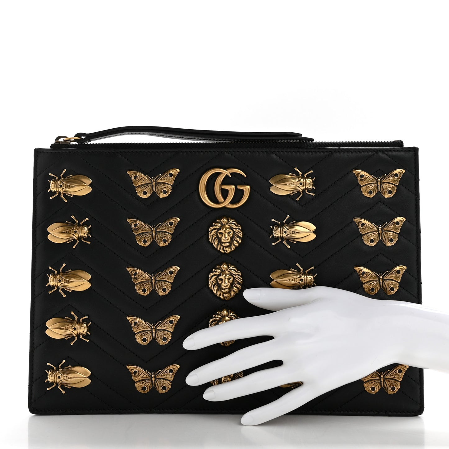Calfskin Matelasse Animal Studs GG Marmont Pouch Bag Black