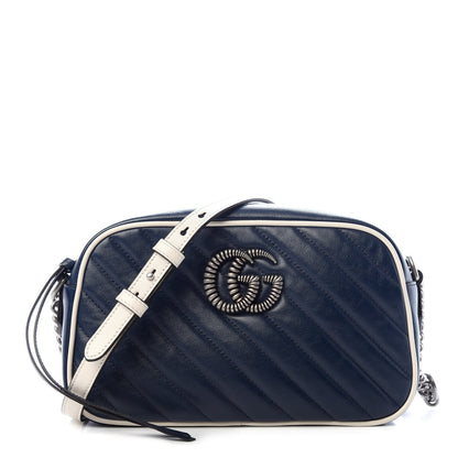 Gucci Vintage Effect Calfskin Matelasse Diagonal Small Torchon GG Marmont Chain Shoulder Bag Blue Agata Mystic White 1 of 10