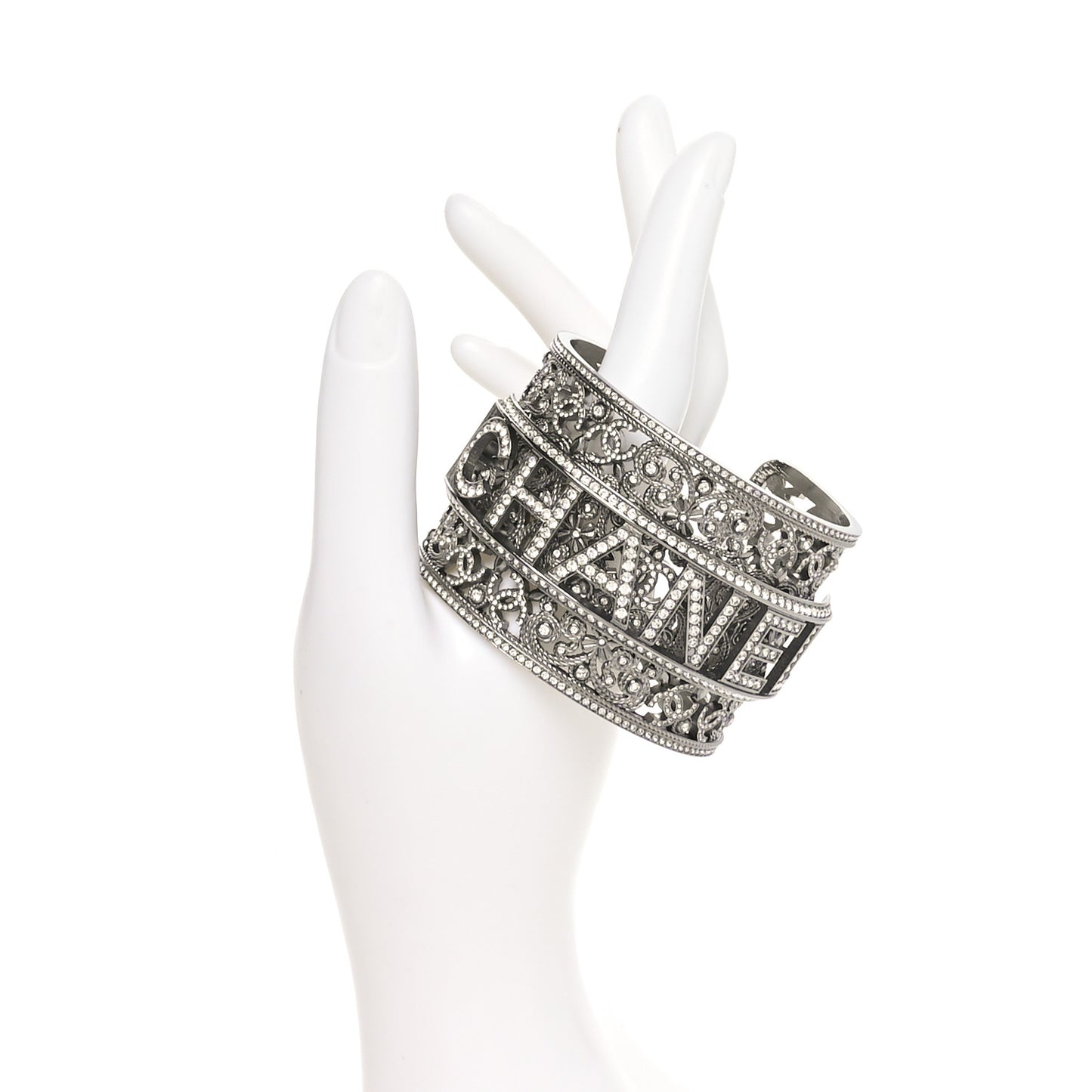 Metal Strass Logo Wide Cuff S Ruthenium Crystal
