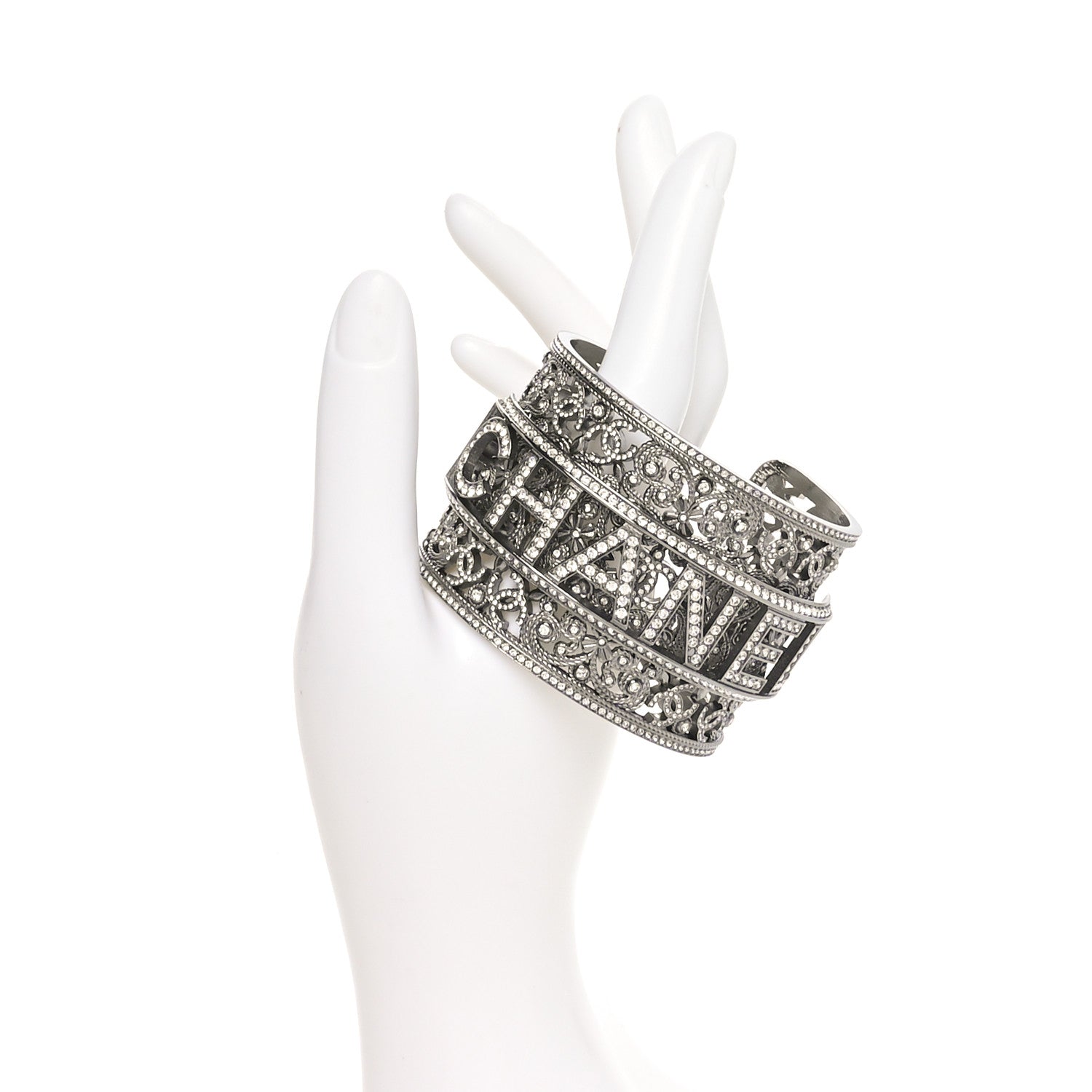 Chanel Metal Strass Logo Wide Cuff S Ruthenium Crystal 2 of 5