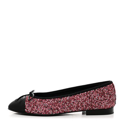 Chanel Tweed Grosgrain Sequin Cap Toe Ballerina Flats 38 Black Pink 1 of 10