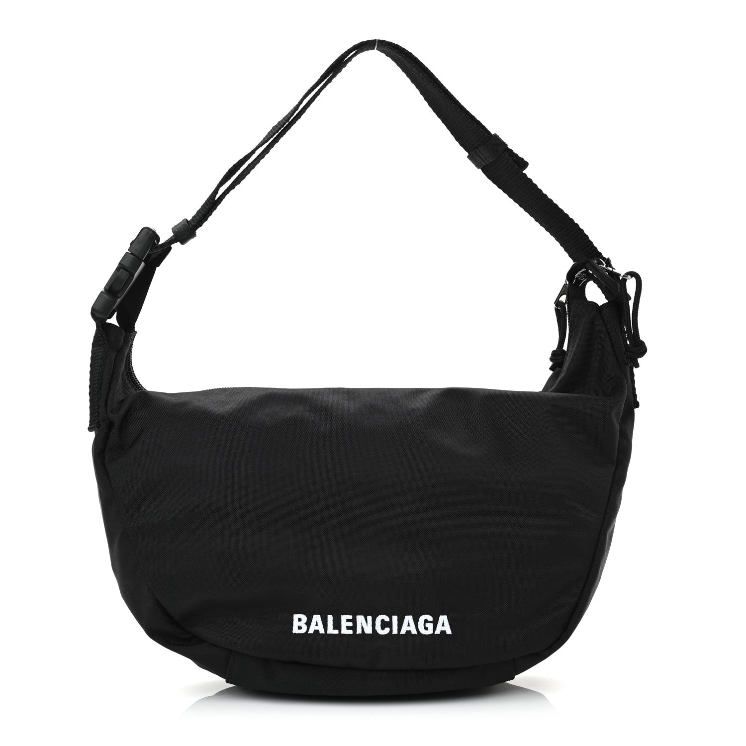 Balenciaga Recycled Sport Nylon Logo Embroidered Large Wheel Sling Bag Black White 1 of 10