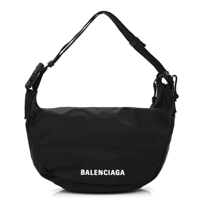 Balenciaga Recycled Sport Nylon Logo Embroidered Large Wheel Sling Bag Black White 1 of 10