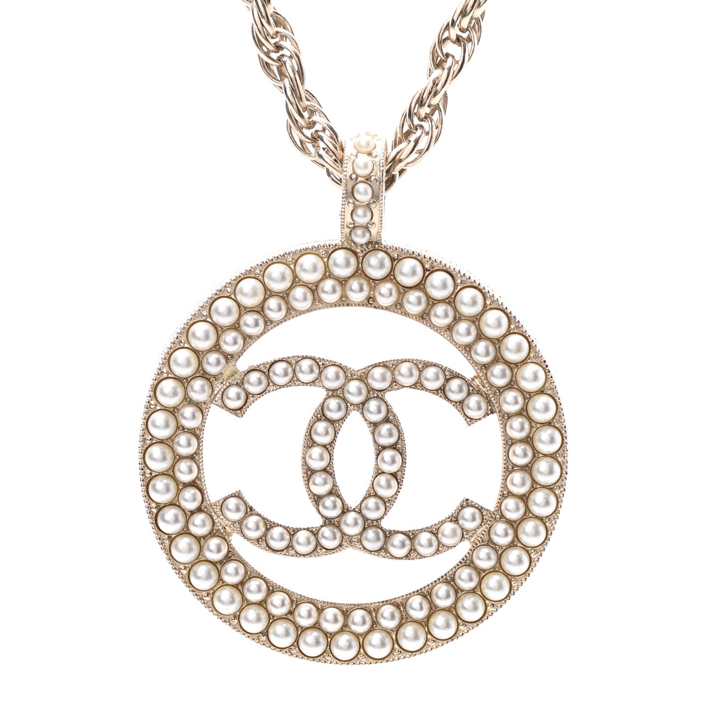 Pearl CC Round Pendant Necklace Gold