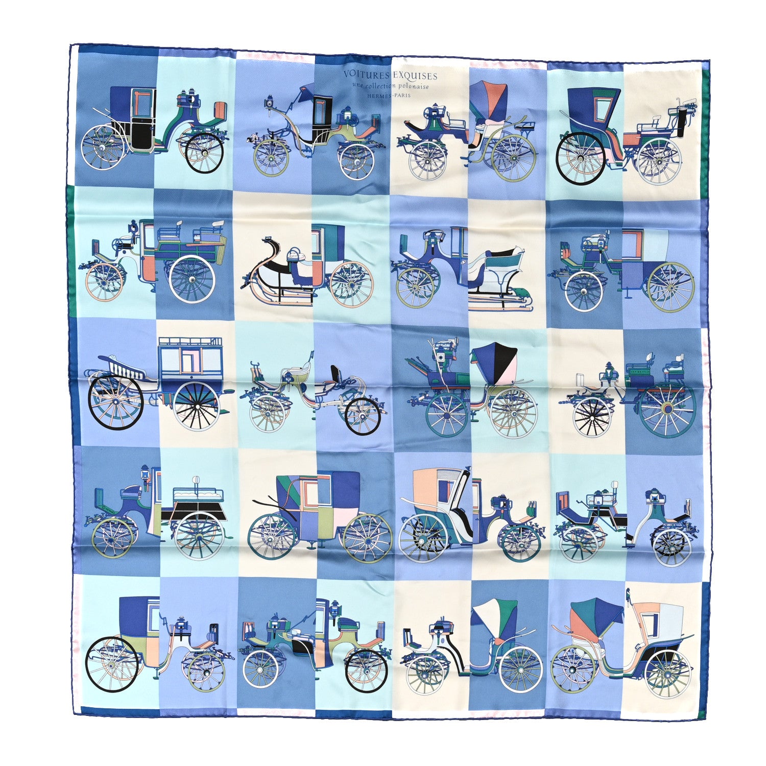 Hermes Silk Voitures Exquises Scarf 90 Bleu Jean Aqua White 1 of 5