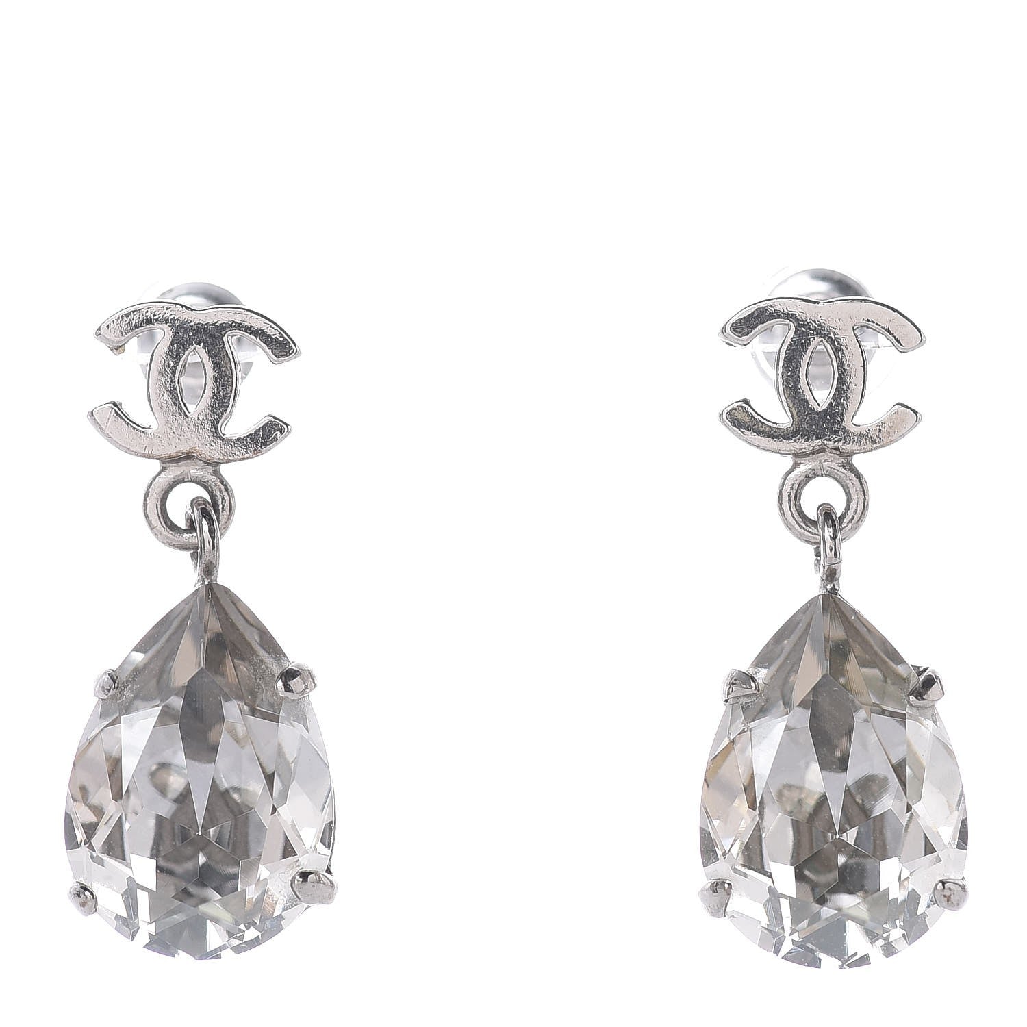 Chanel CC Crystal Teardrop Dangle Earrings Silver 1 of 4