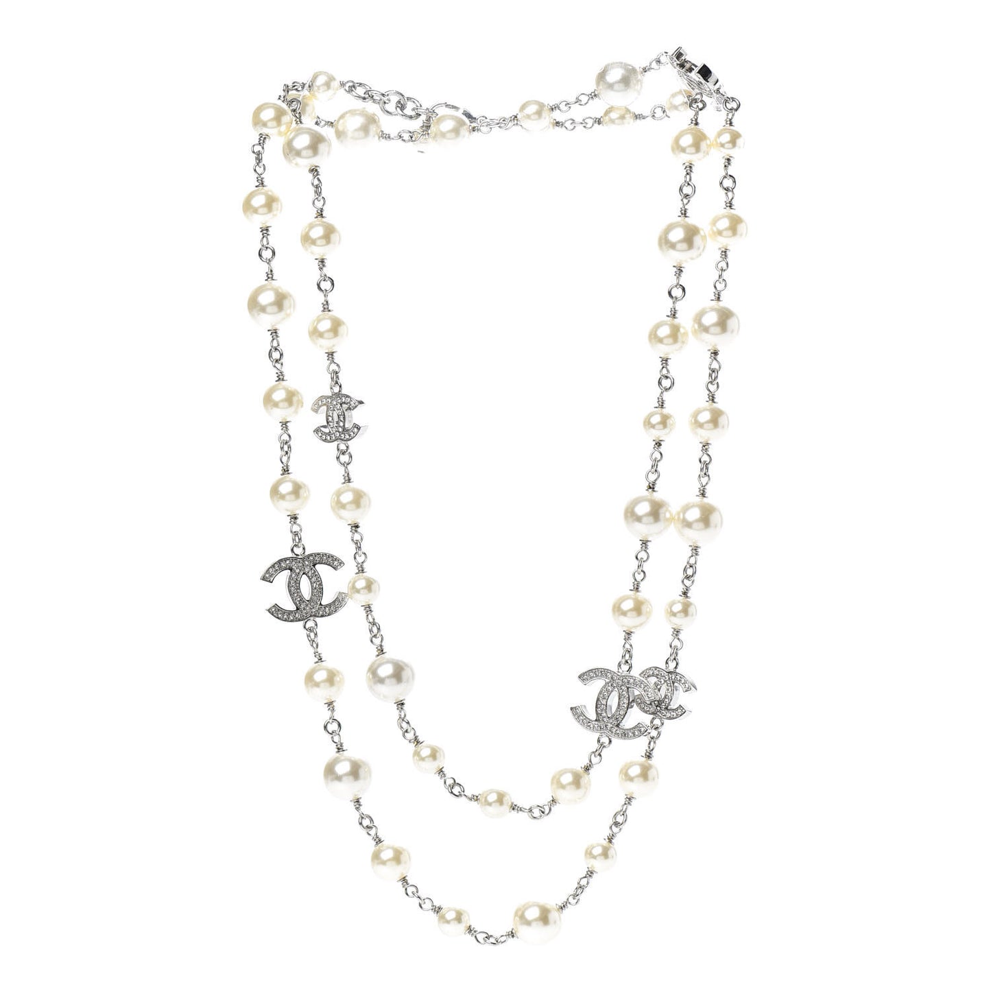 Crystal Pearl CC Long Necklace Silver