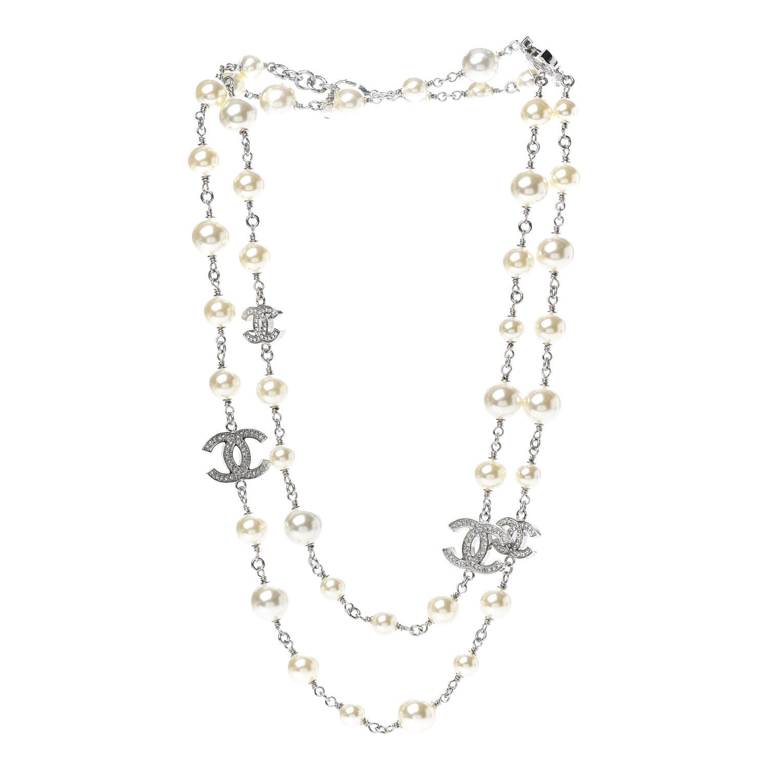 Chanel Crystal Pearl CC Long Necklace Silver 3 of 5
