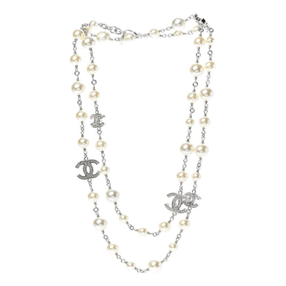 Chanel Crystal Pearl CC Long Necklace Silver 3 of 5