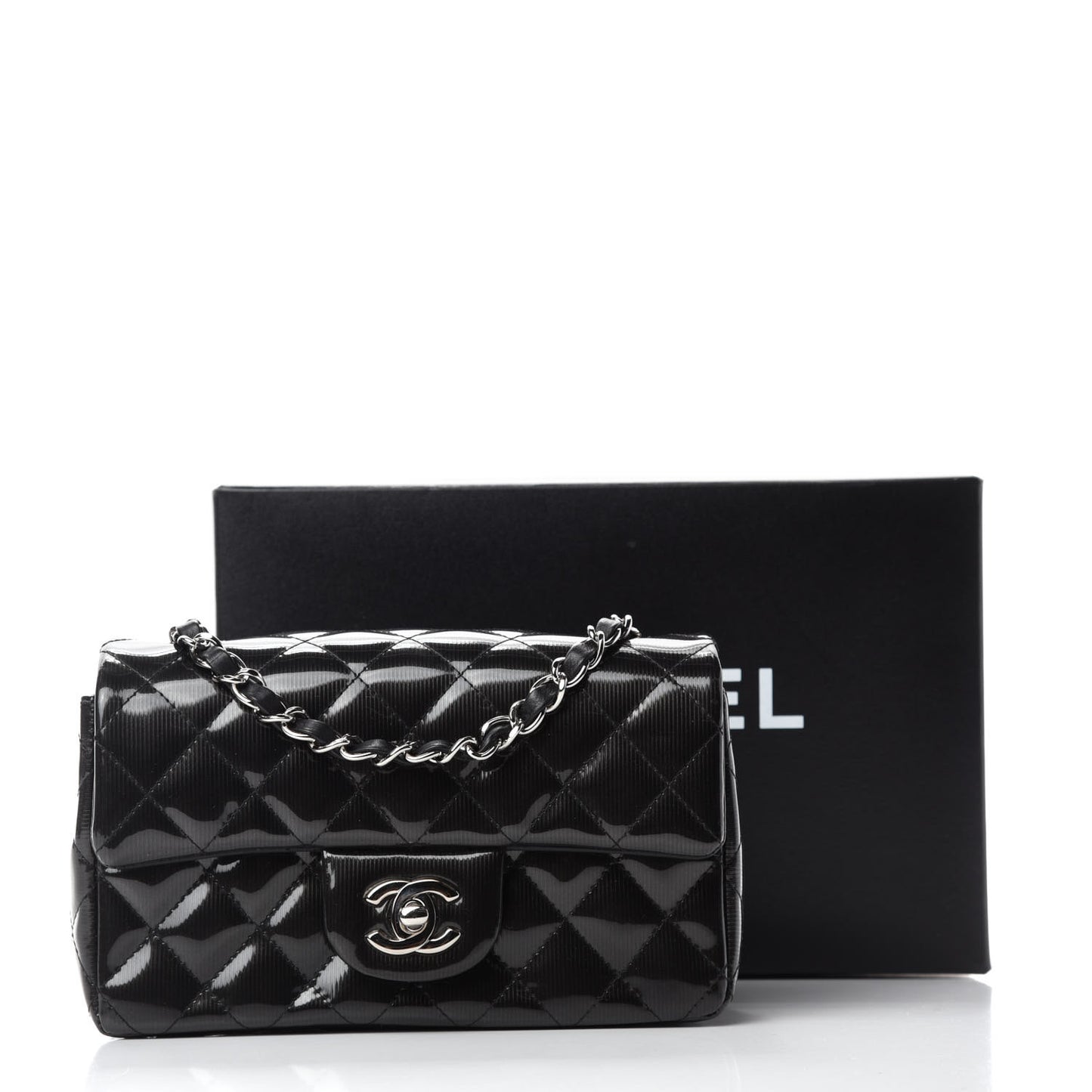 Striated Patent Quilted Mini Rectangular Flap Black