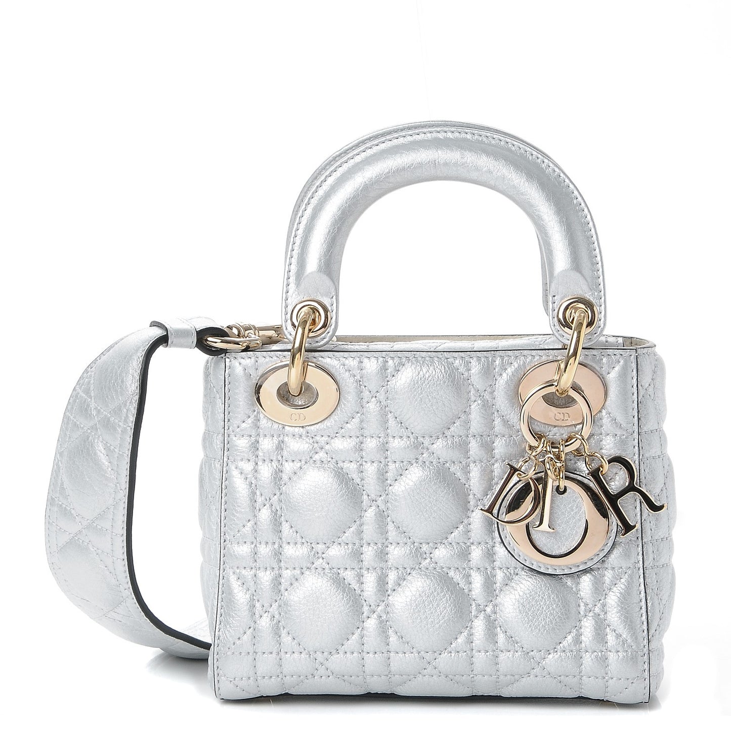 Metallic Grained Calfskin Cannage Mini Lady Dior Silver