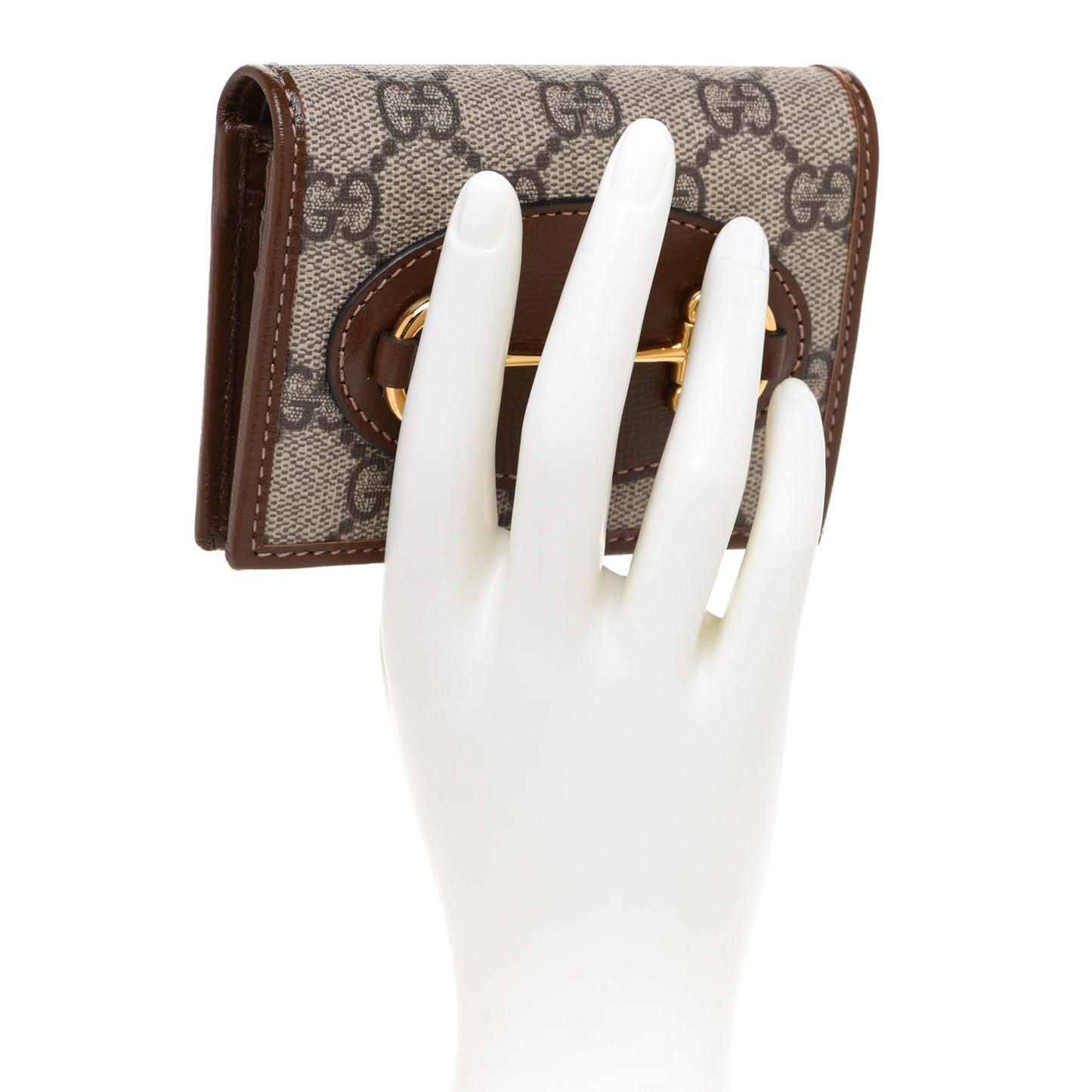 GG Supreme Monogram Horsebit 1955 Card Case Wallet Beige Ebony Brown Sugar