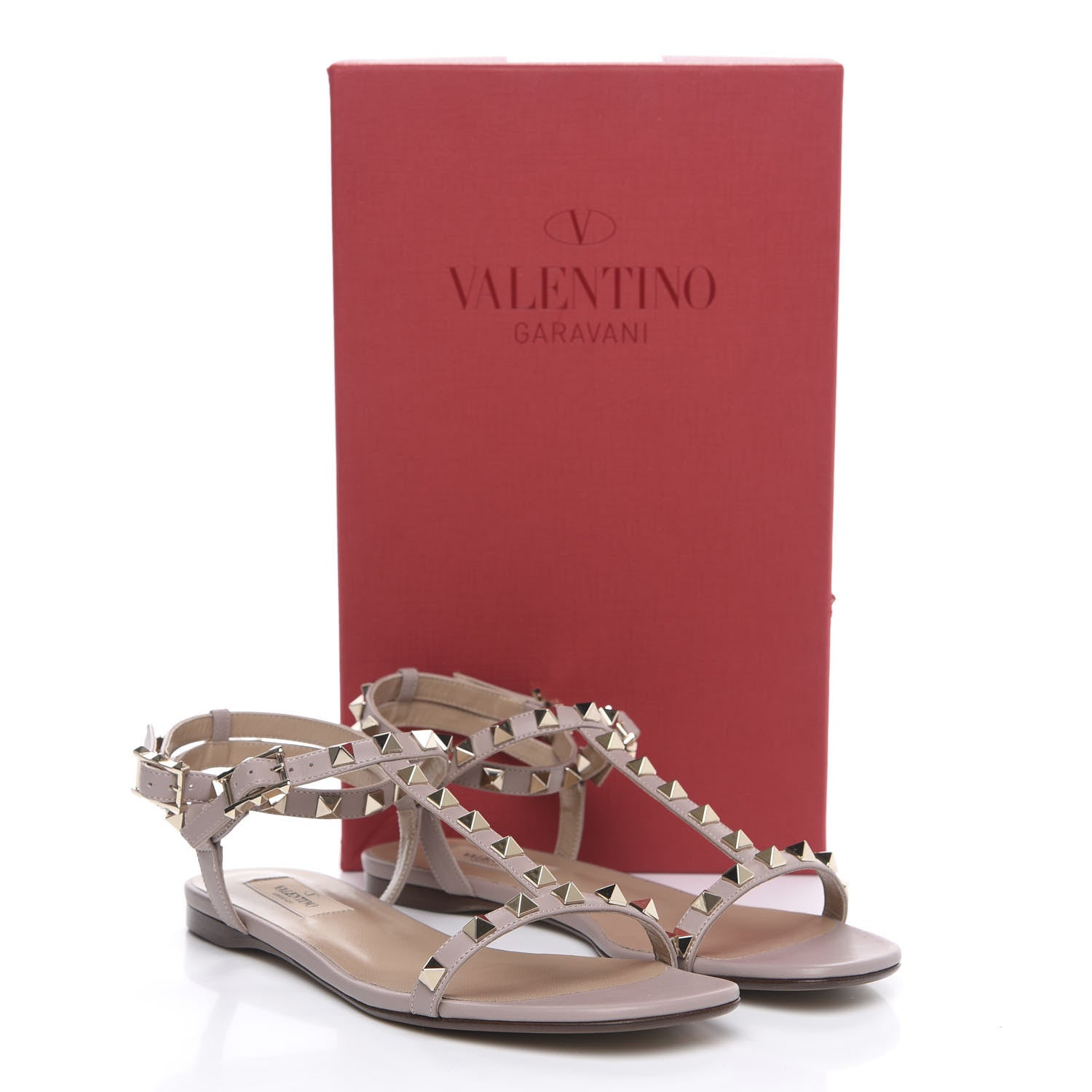 Valentino Garavani Calfskin Rockstud Ankle T-Strap Flat Sandals 38 Poudre 10 of 10