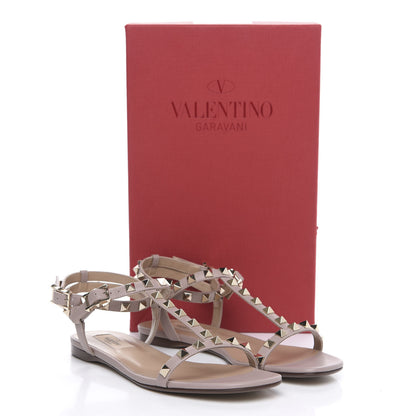Valentino Garavani Calfskin Rockstud Ankle T-Strap Flat Sandals 38 Poudre 10 of 10