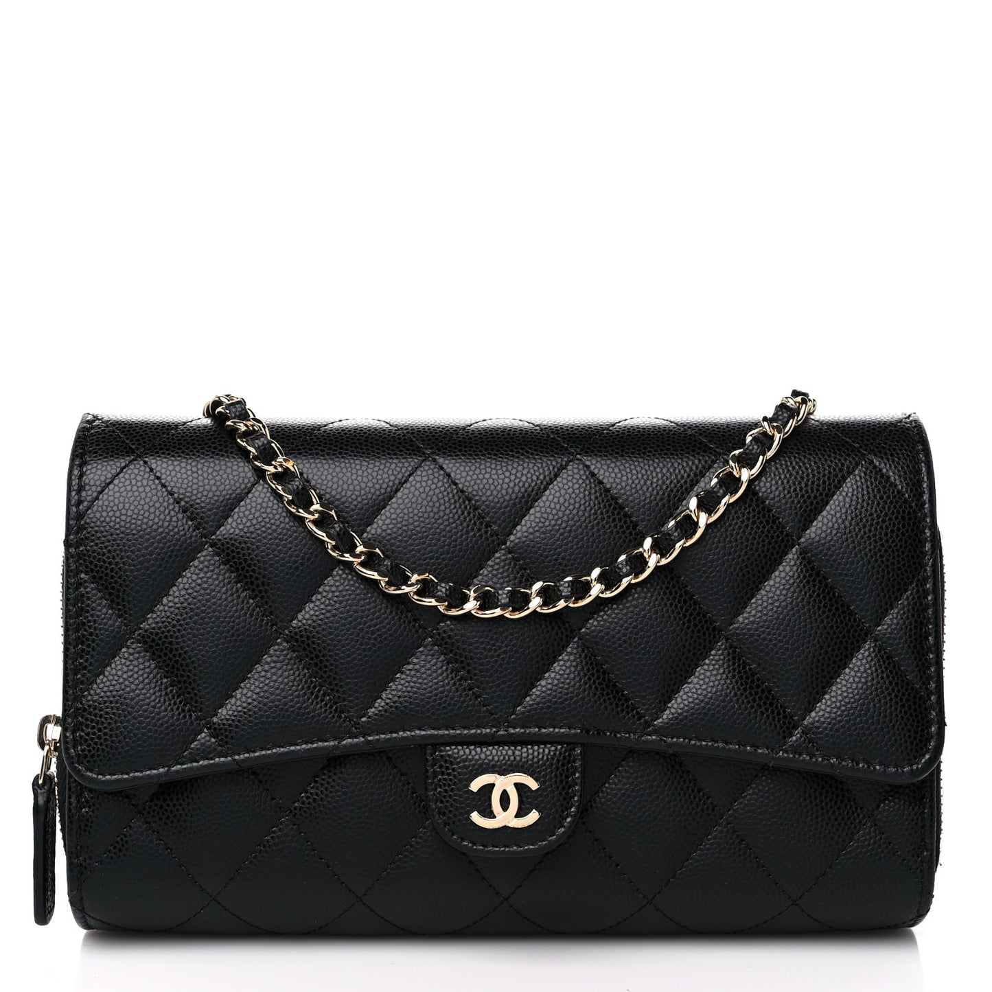 Caviar Quilted Phone Holder Wallet on Removable Chain Black