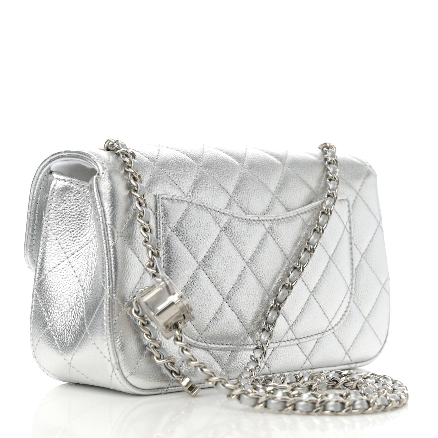 Metallic Caviar Quilted Mini Rectangular CC Slide Flap Silver