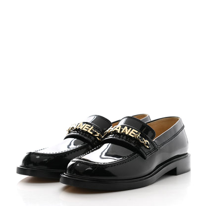 Chanel Shiny Calfskin Logo Loafers 38 Black 3 of 8