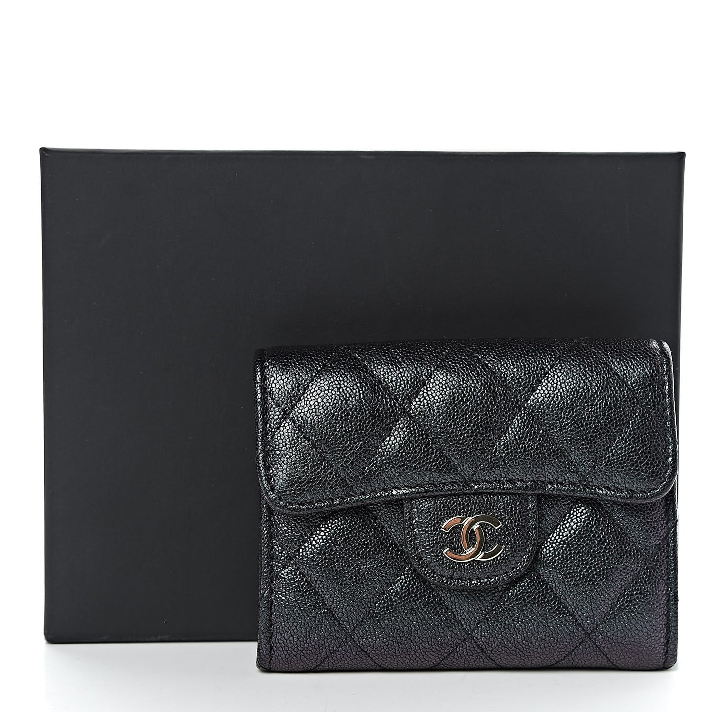 Iridescent Caviar Quilted Flap Card Holder Wallet Black