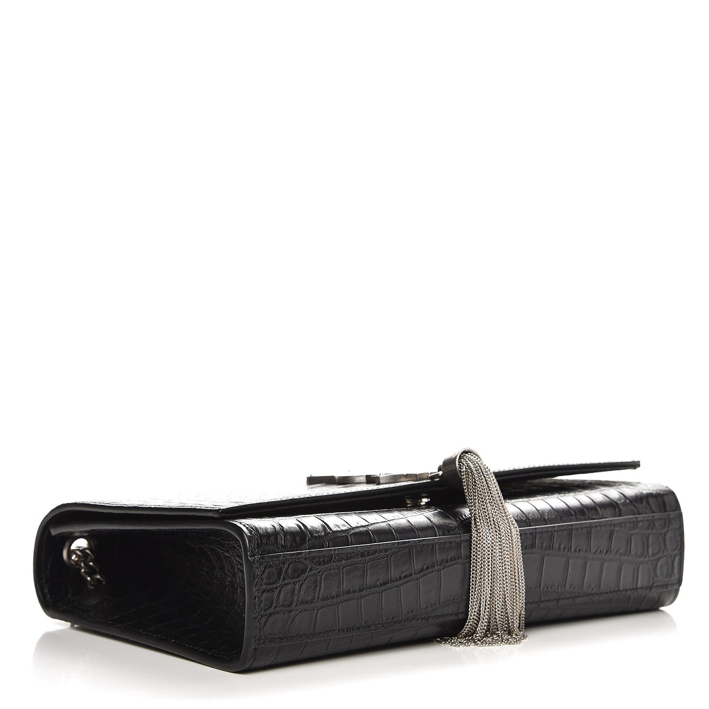 Calfskin Crocodile Embossed Medium Classic Monogram Kate Tassel Satchel Black