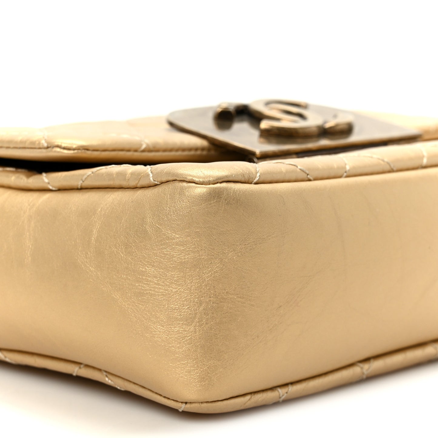 Metallic Aged Calfskin Quilted CC Square Flap Light Gold