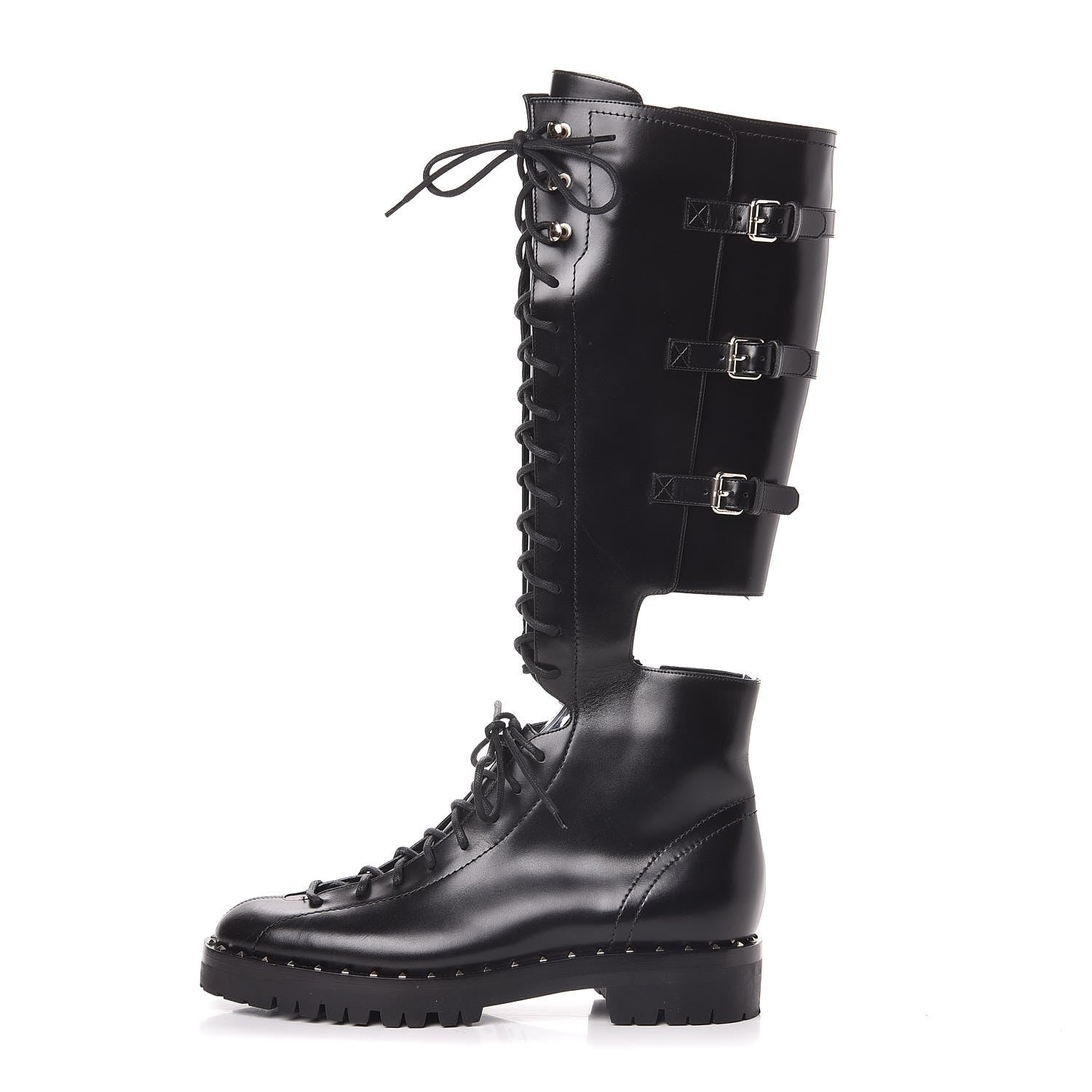 Valentino Garavani Calfskin Soul Rockstud Split Knee High Boots Black 40 Black 1 of 6