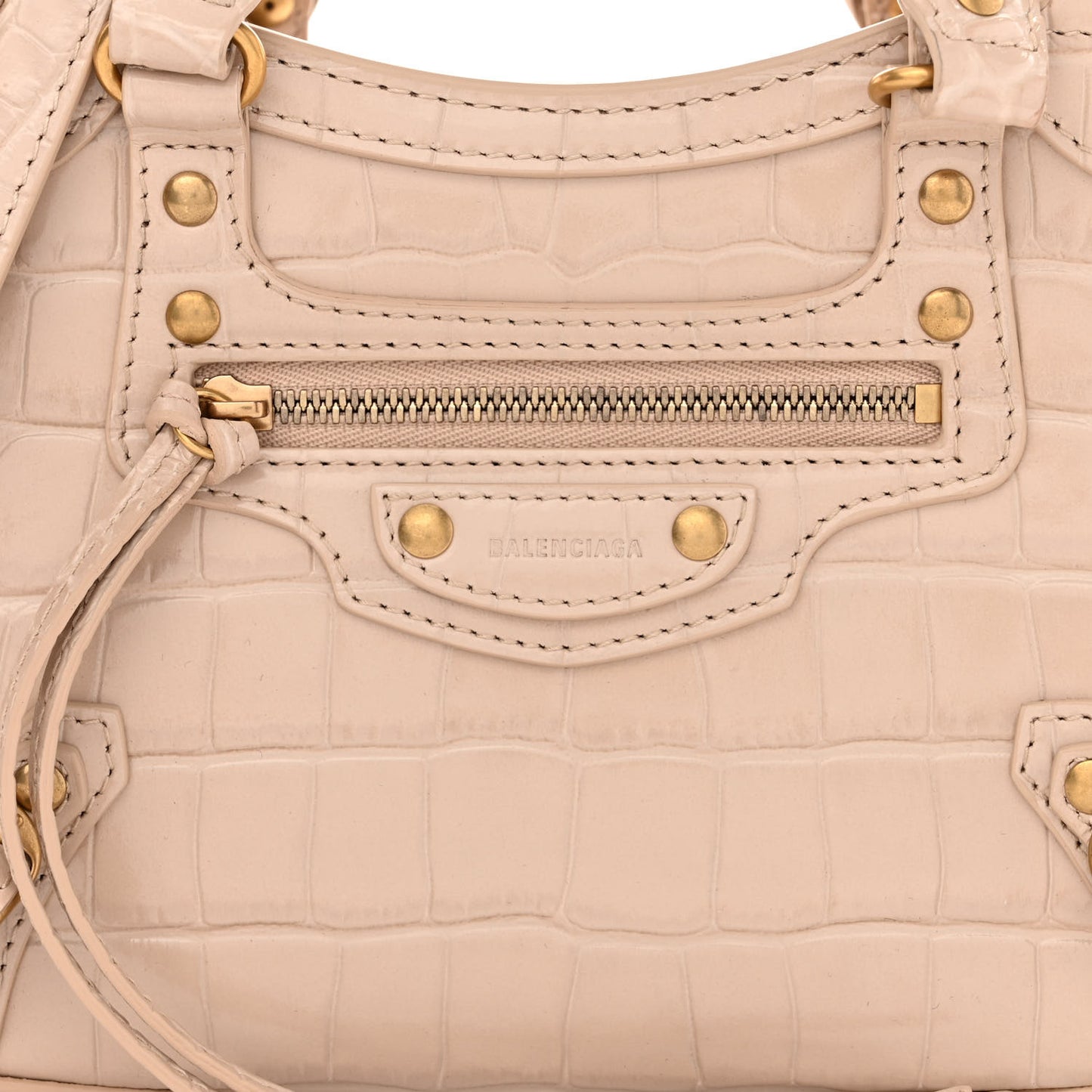 Shiny Supple Calfskin Crocodile Embossed Neo Classic Gold Hardware Mini City Light Beige