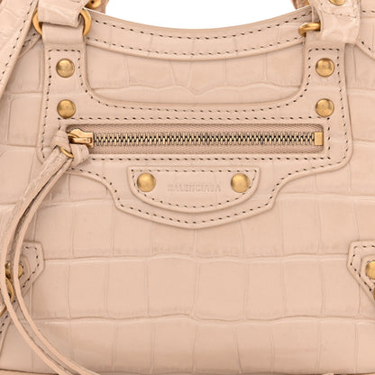 Balenciaga Shiny Supple Calfskin Crocodile Embossed Neo Classic Gold Hardware Mini City Light Beige 7 of 9