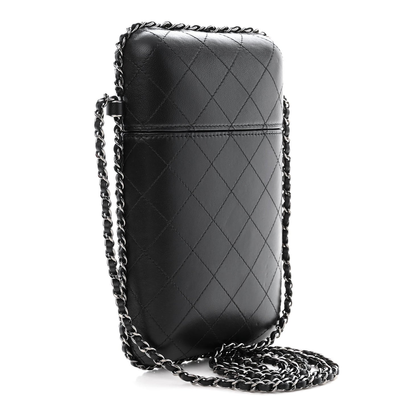 Lambskin Quilted Chain Around Phone Holder Black