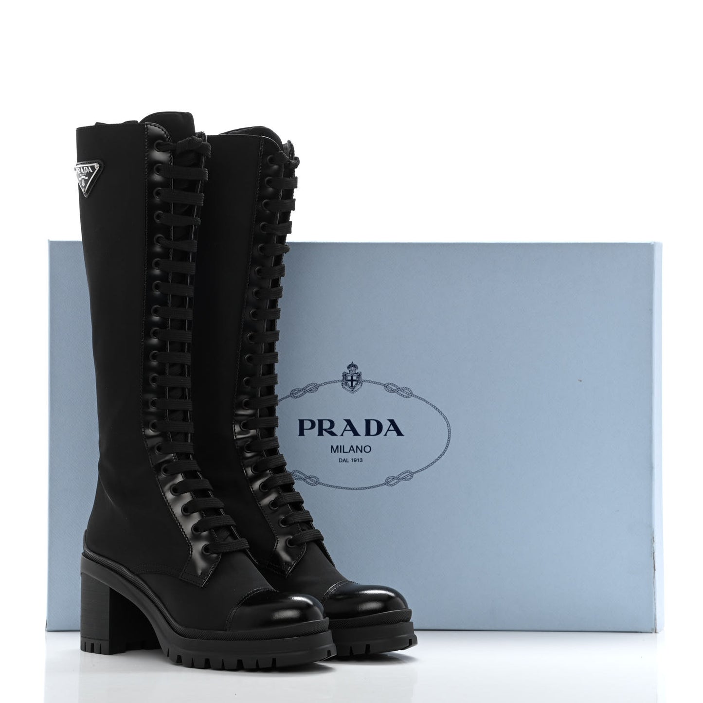 Re-Nylon Spazzolato Metal Triangle Logo Tall 55mm Combat Boots 38 Black