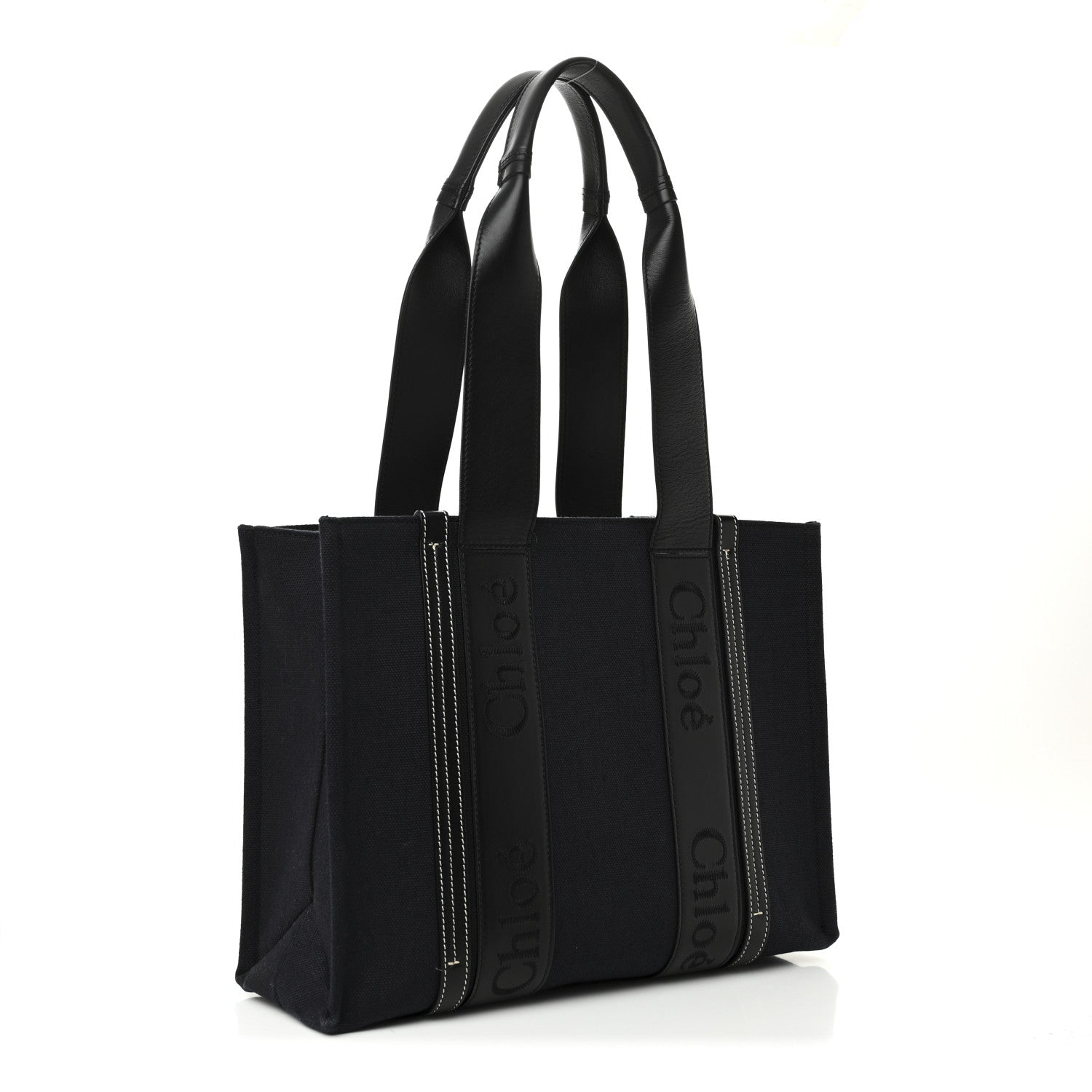 Chloé woody キャンバス ブラック Chloe Calfskin Linen Medium Woody Tote Deep Denim 1766361