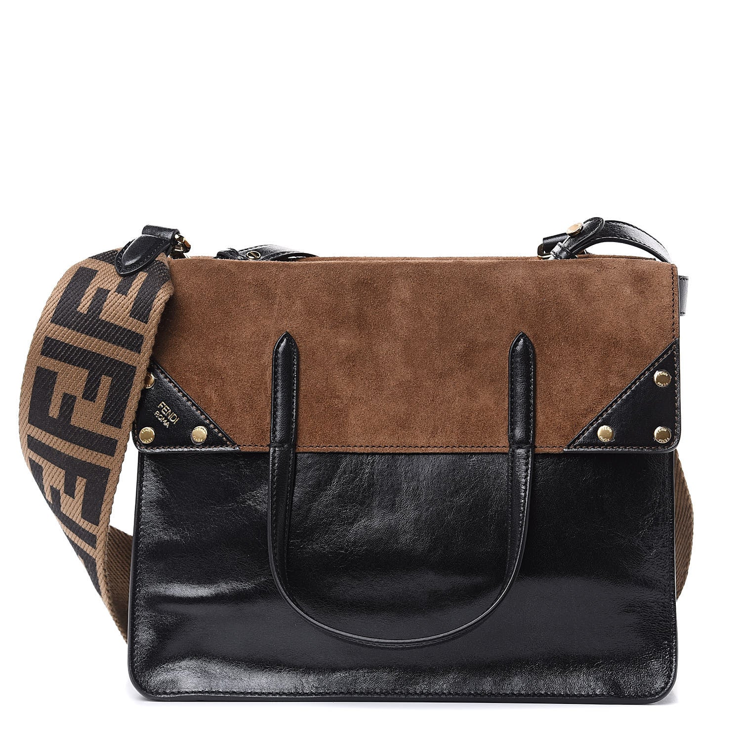 Fendi Agnello Old Shine Vitello Go Rain Large Flip Tote Black Marrone 1 of 11