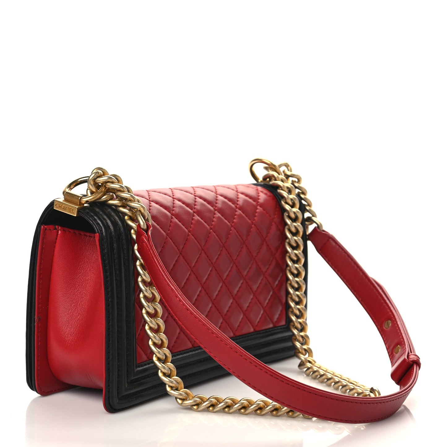 Lambskin Quilted Medium Boy Flap Dark Red Black