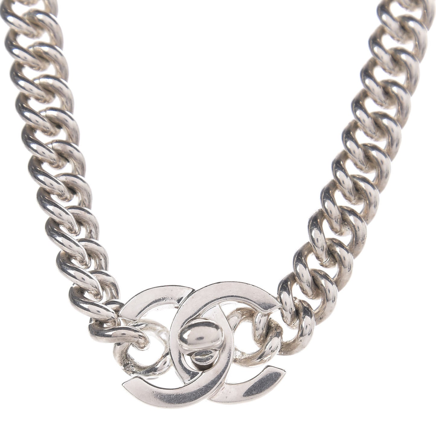 Chain Link CC Turn Lock Choker Necklace Silver