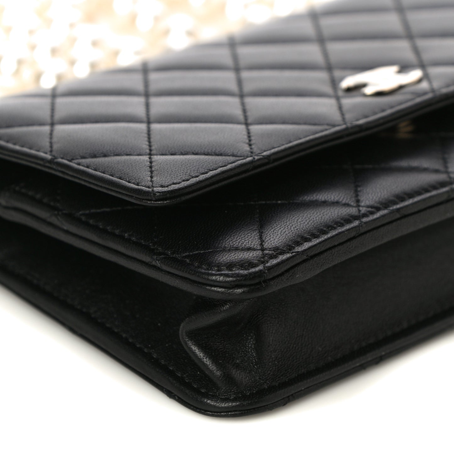 Lambskin Quilted Pearl Wallet On Chain WOC Black