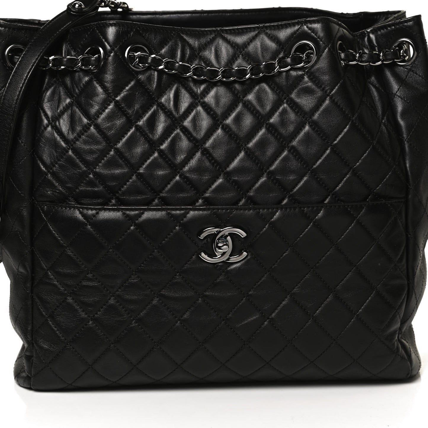 Lambskin Quilted Large Drawstring Bag Black