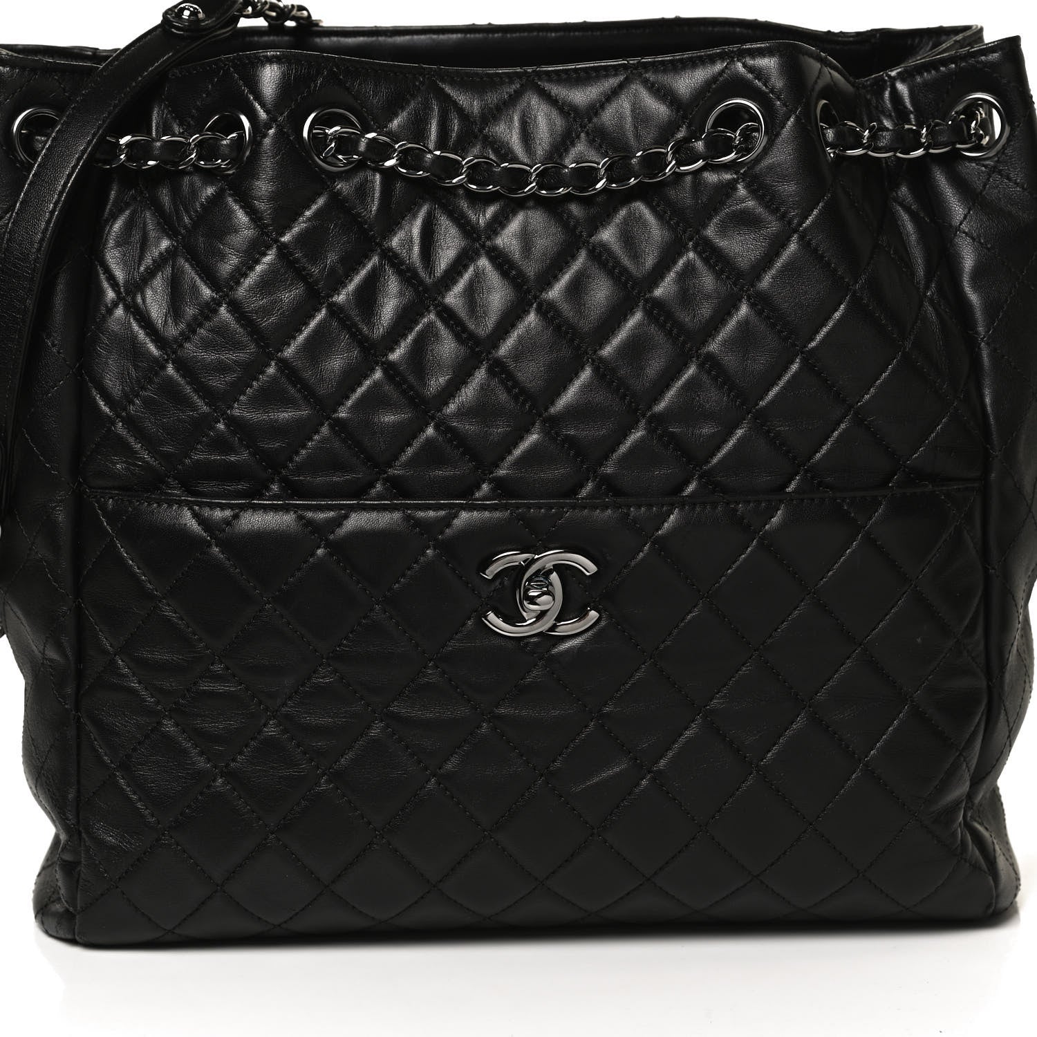 Chanel Lambskin Quilted Large Drawstring Bag Black 8 of 10