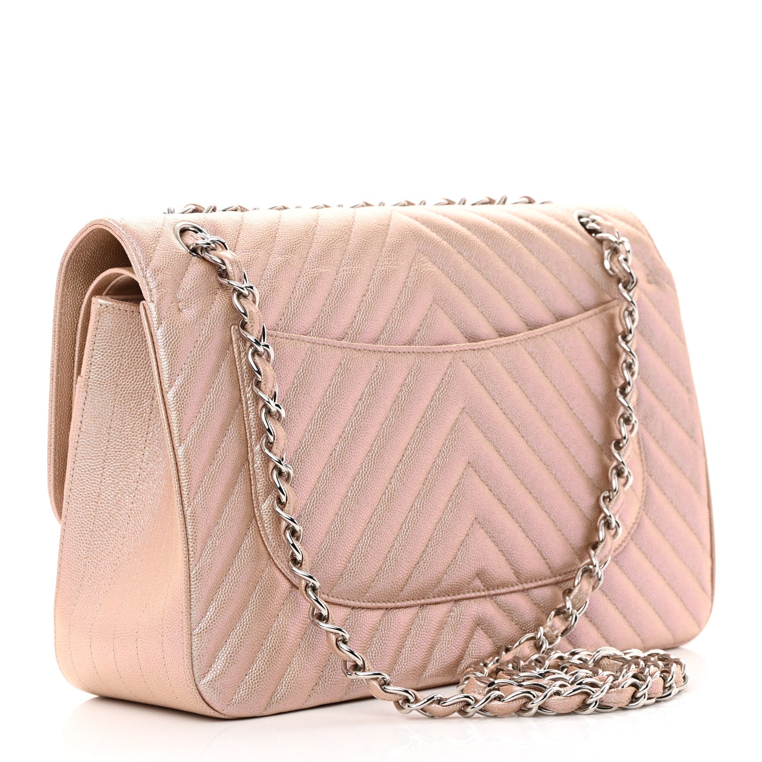 Chanel Metallic Caviar Chevron Quilted Jumbo Double Flap Light Gold 3 of 12