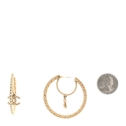 Chanel Crystal Pearl CC Drop Hoop Earrings Gold Pearly White 2 of 4