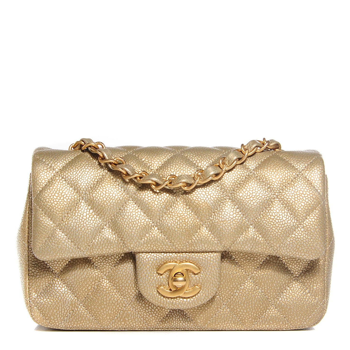Pearly Caviar Quilted Mini Rectangular Flap Gold