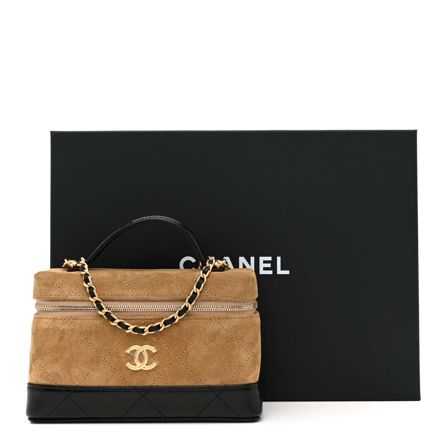 Chanel Suede Calfskin Shiny Lambskin Quilted Top Handle Slim Vanity Case With Chain Beige Black 11 of 11