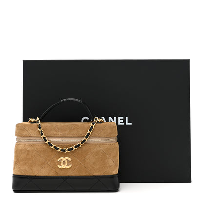 Chanel Suede Calfskin Shiny Lambskin Quilted Top Handle Slim Vanity Case With Chain Beige Black 11 of 11