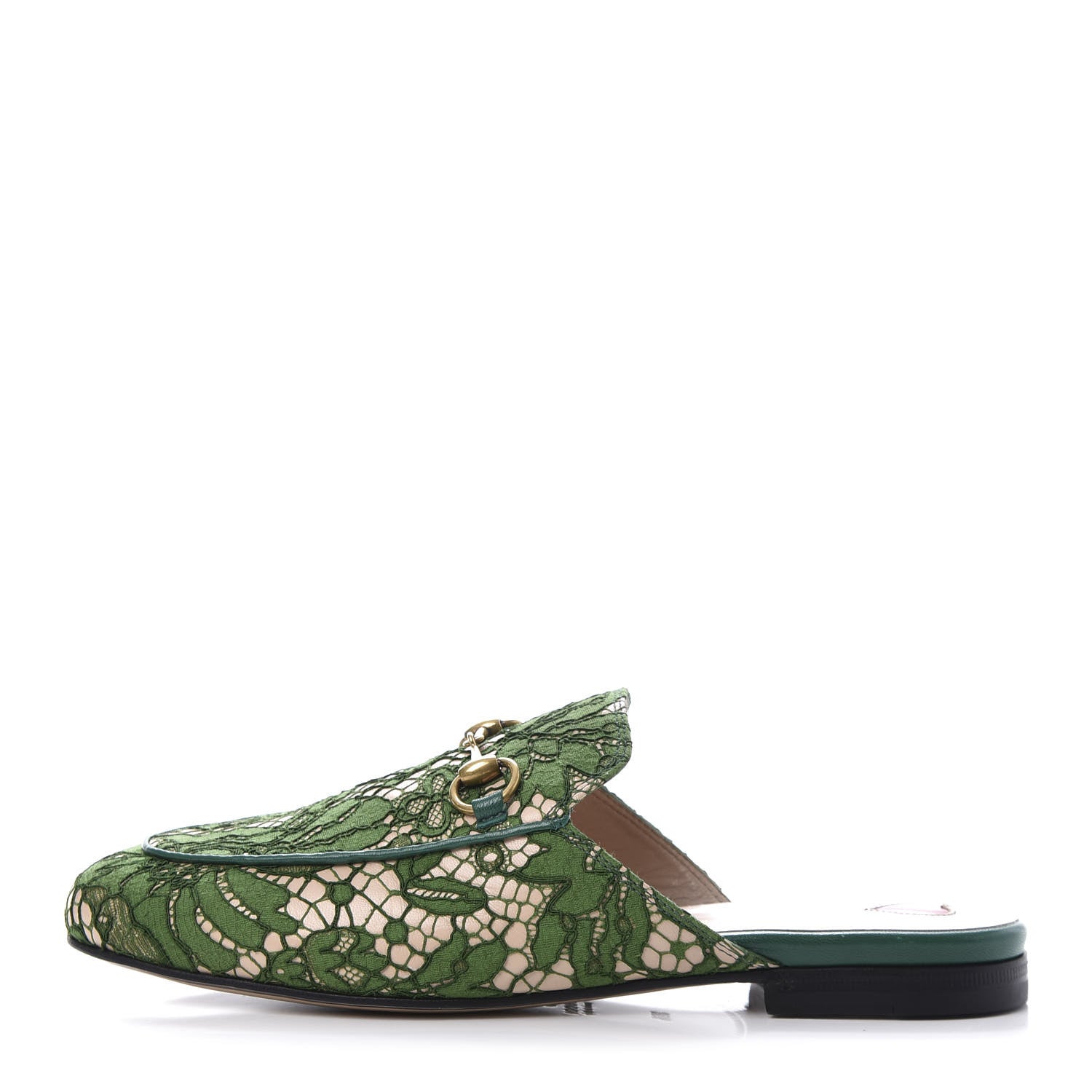 Gucci Lace Malaga Kid Womens Princetown Slippers 36.5 Green Grass Skin Rose 1 of 8