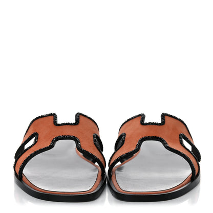 Hermes Suede Goatskin Crystal Oran Sandals 37 Rose Bubinga Black 2 of 9