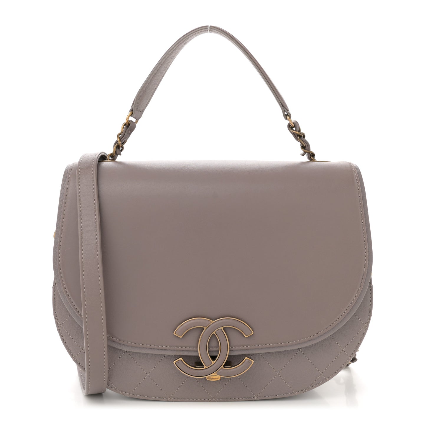 Shiny Calfskin Goatskin Quilted Medium Coco Curve Messenger Flap Grey
